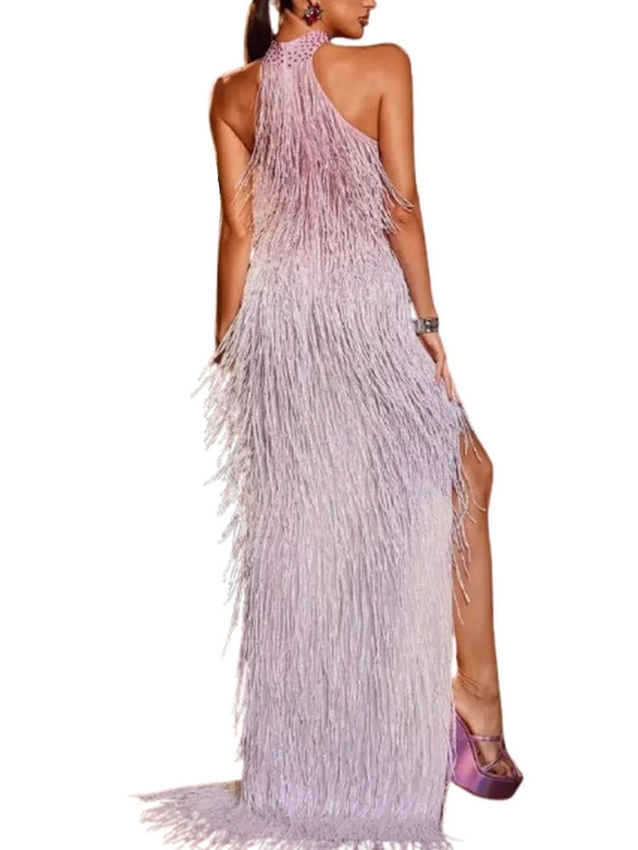 Cut-Out Fringed Halter-Neck Gown in Pink and White - Dresses