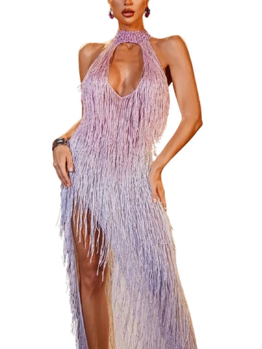 Cut-Out Fringed Halter-Neck Gown in Pink and White - Dresses