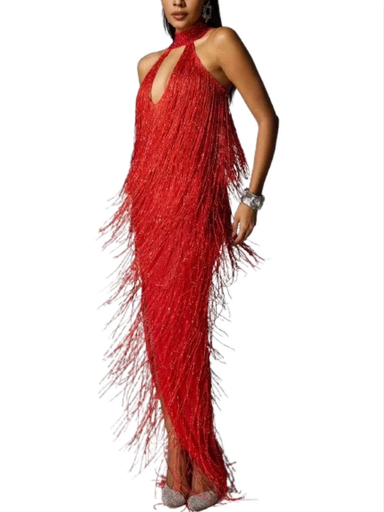 Cut-Out Fringed Halter-Neck Gown in Red - Dresses