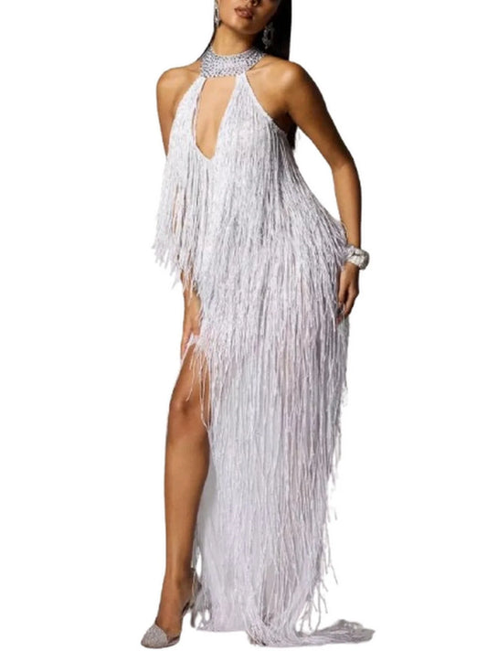 Cut-Out Fringed Halter-Neck Gown in White - Dresses