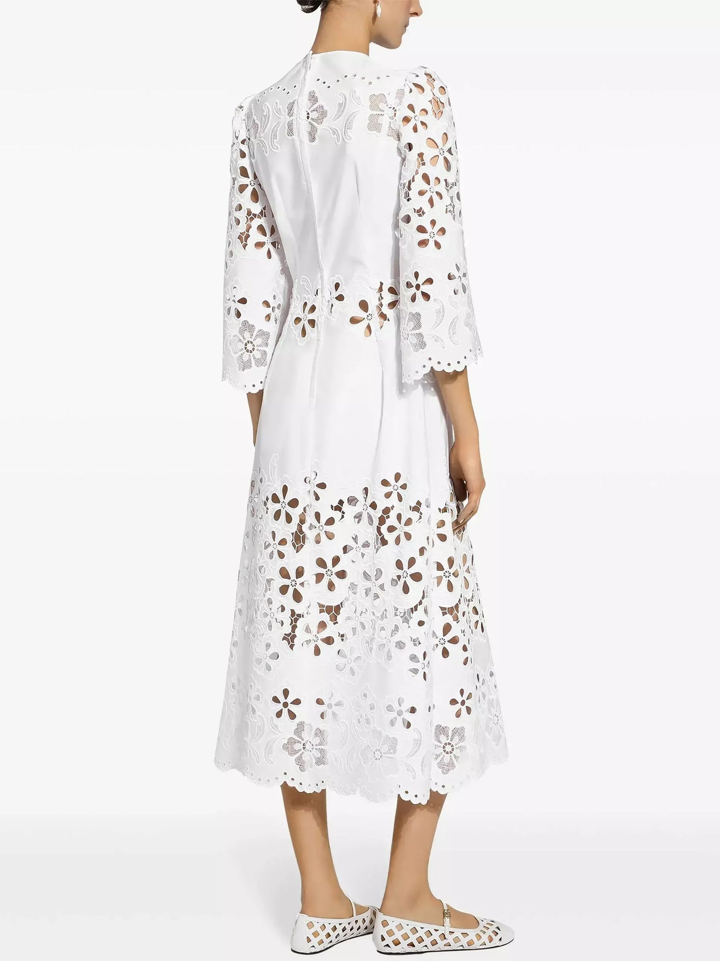 Cut-Out Mid-Calf White Cotton Dress - Dresses