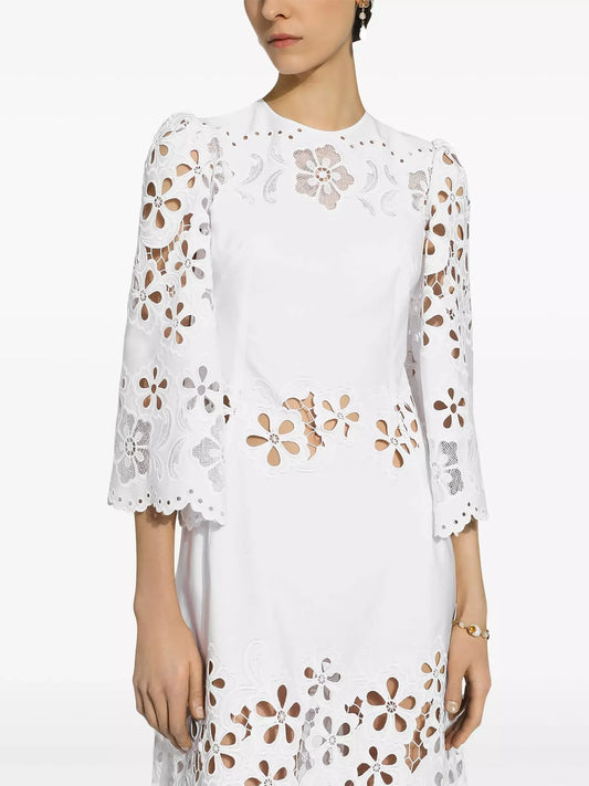 Cut-Out Mid-Calf White Cotton Dress - Dresses