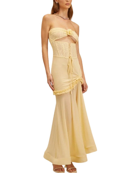 Cut-Out Strapless Yellow Corset-Waist Maxi Dress - Dresses