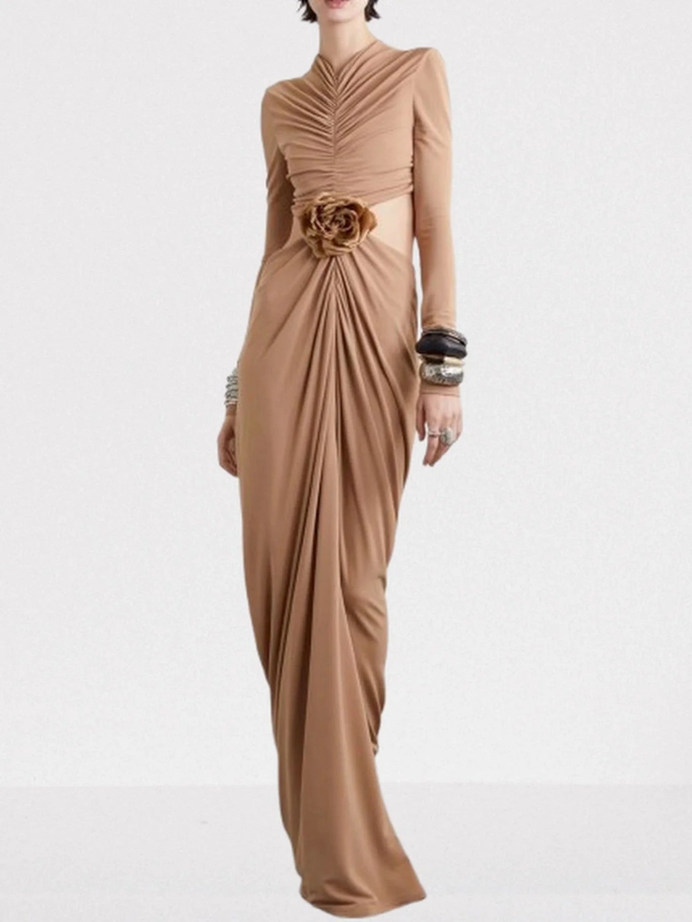 Cut-Out Waist Long Sleeve Ruched Jersey Gown - Dresses