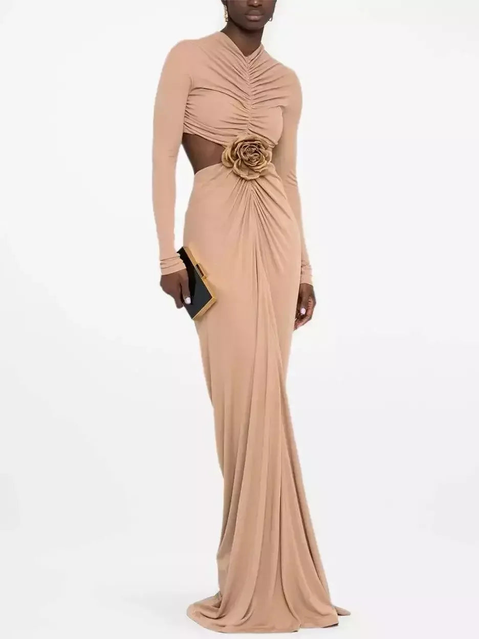 Cut-Out Waist Long Sleeve Ruched Jersey Gown - Dresses