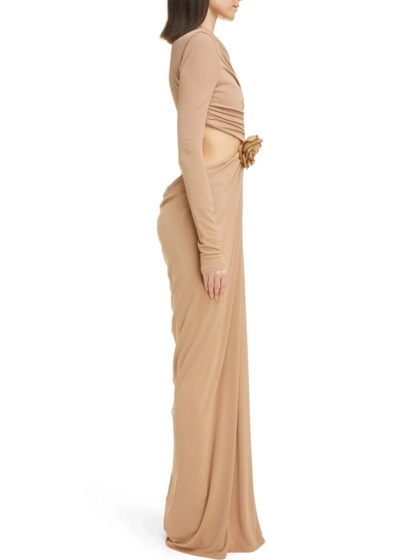 Cut-Out Waist Long Sleeve Ruched Jersey Gown - Dresses