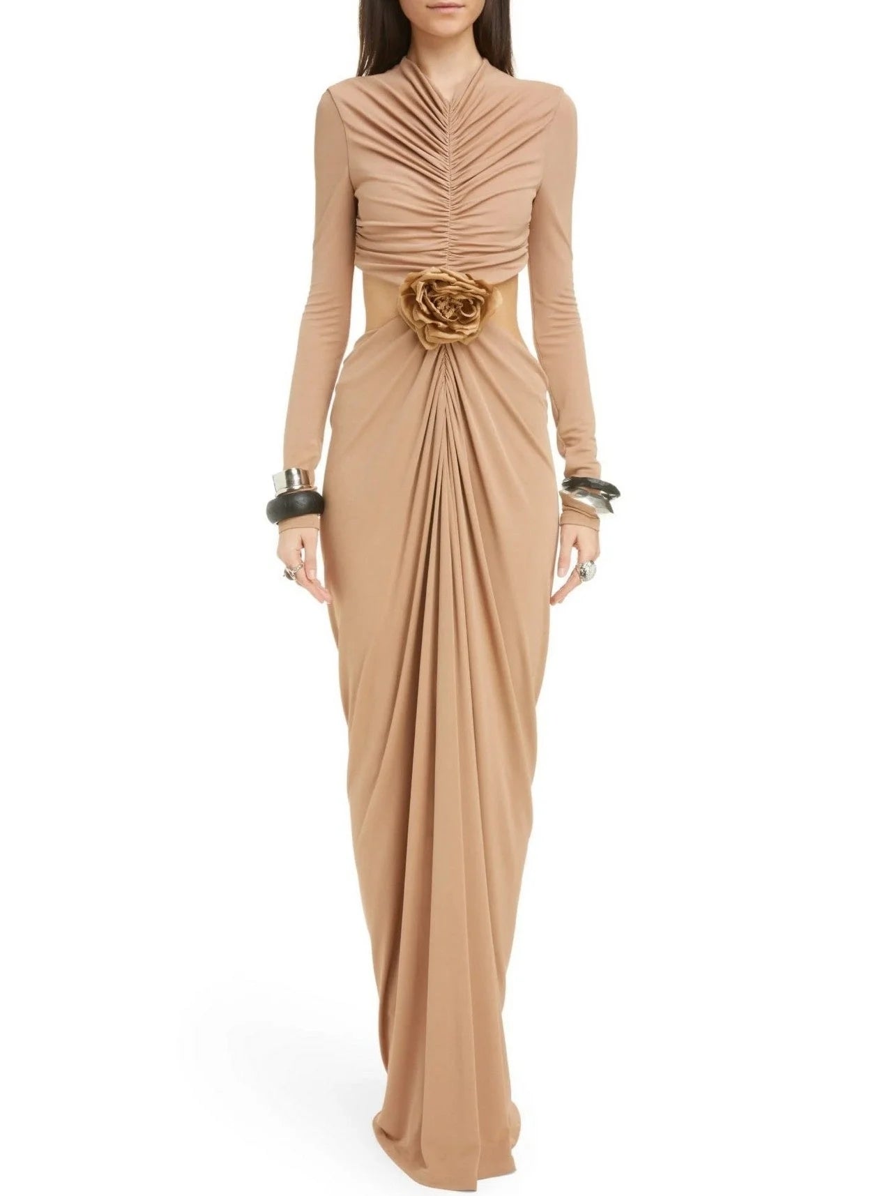 Cut-Out Waist Long Sleeve Ruched Jersey Gown - Dresses