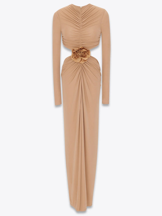 Cut-Out Waist Long Sleeve Ruched Jersey Gown - Dresses