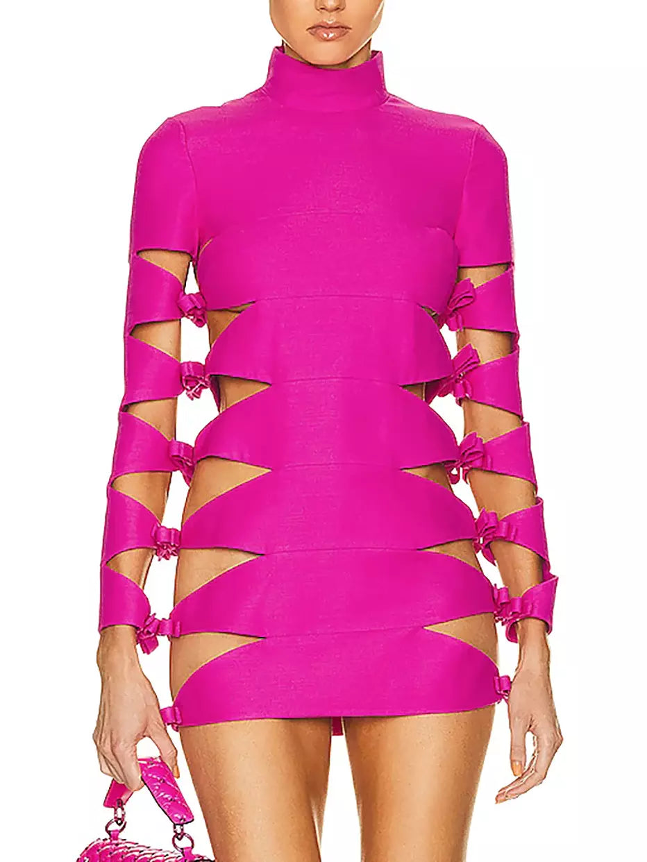 Cutout Bow-Embellished Mini Dress, Pink