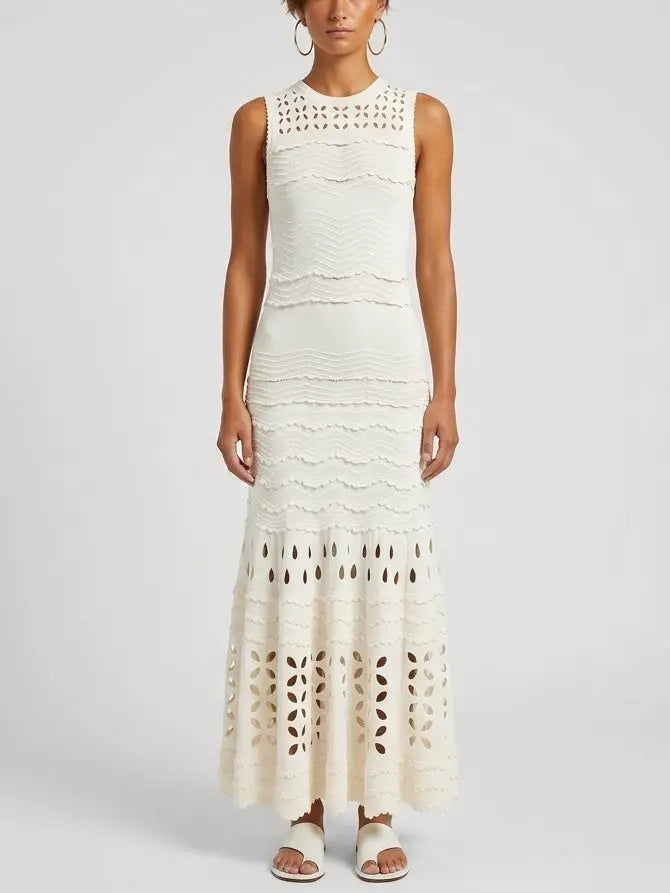 Cutout Knit Scalloped Trim Sleeveless Maxi Dress - S / White - Dresses