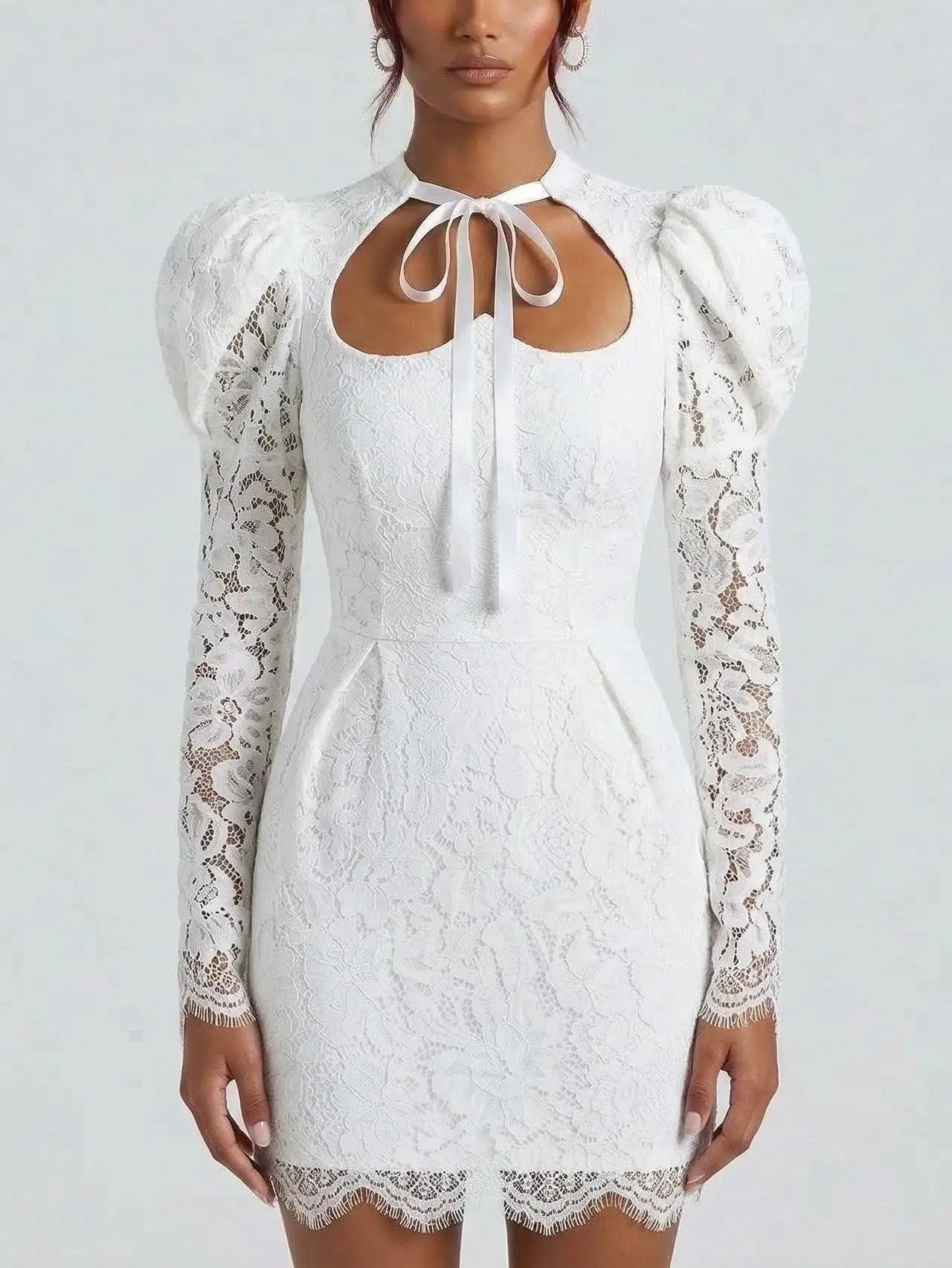 Cutout Lace Puff-Sleeve Mini Dress with Ribbon Tie - S / White - Dresses