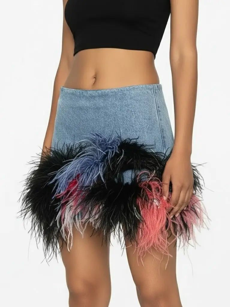 Denim Mini Skirt with Ostrich Feather Trim - Skirts