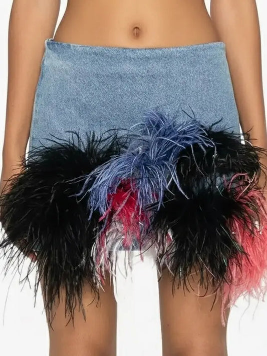 Denim Mini Skirt with Ostrich Feather Trim - Skirts