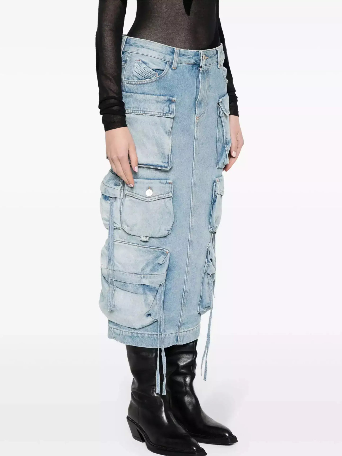 Denim Multi-Pocket Cargo Midi Skirt - Skirts