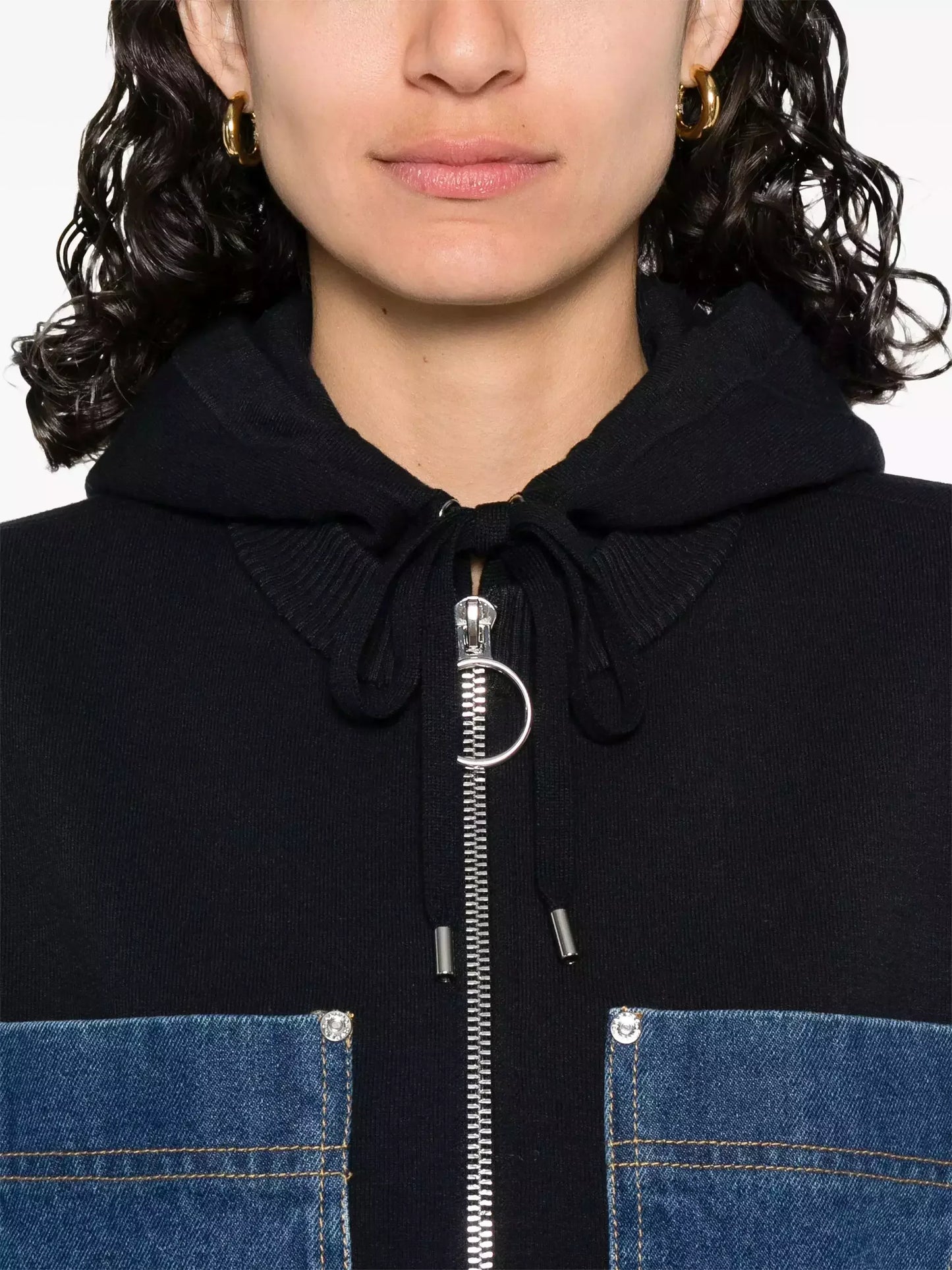 Denim Patch-Pocket Zip Front Hoodie - Tops