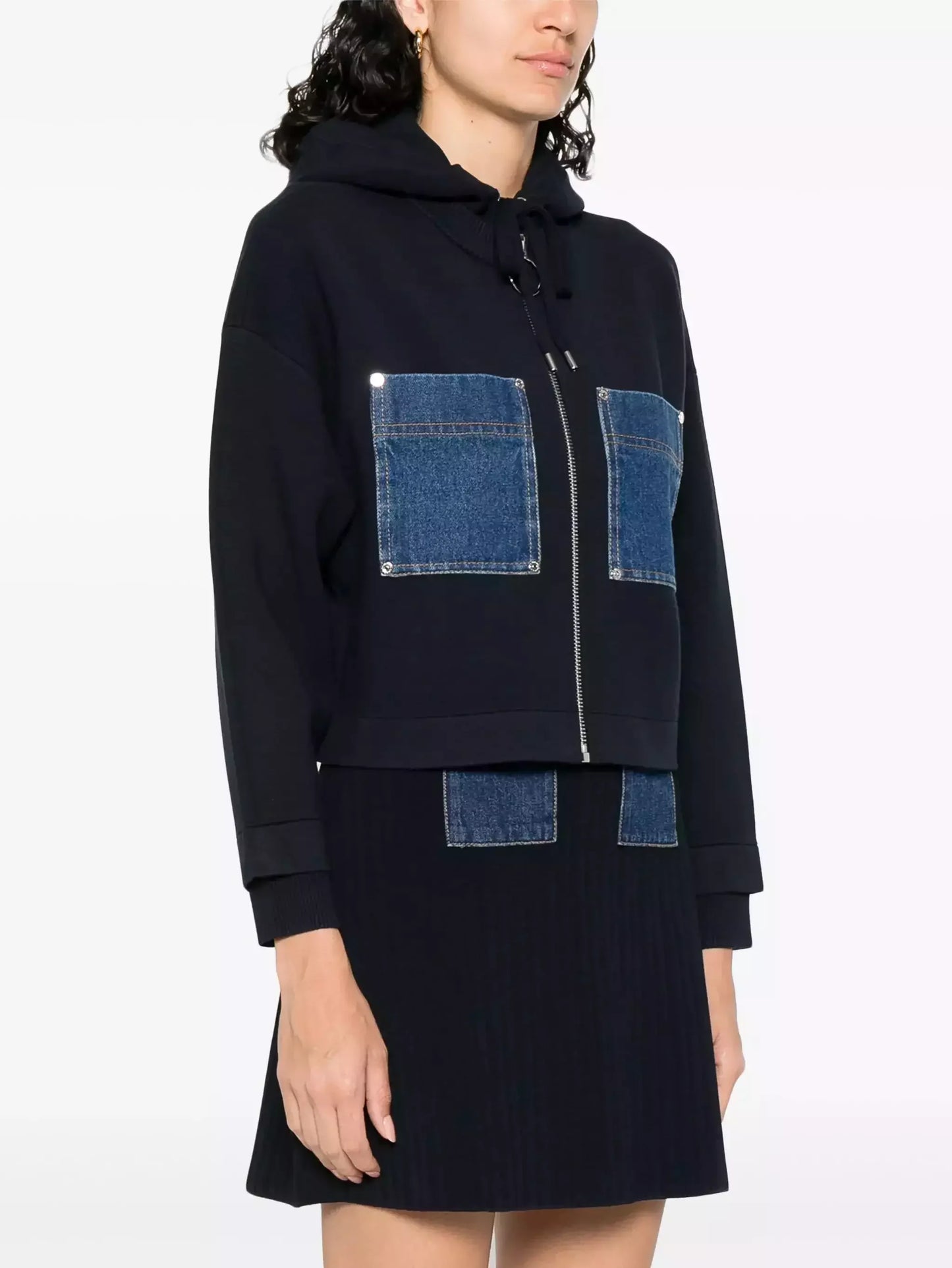 Denim Patch-Pocket Zip Front Hoodie - Tops
