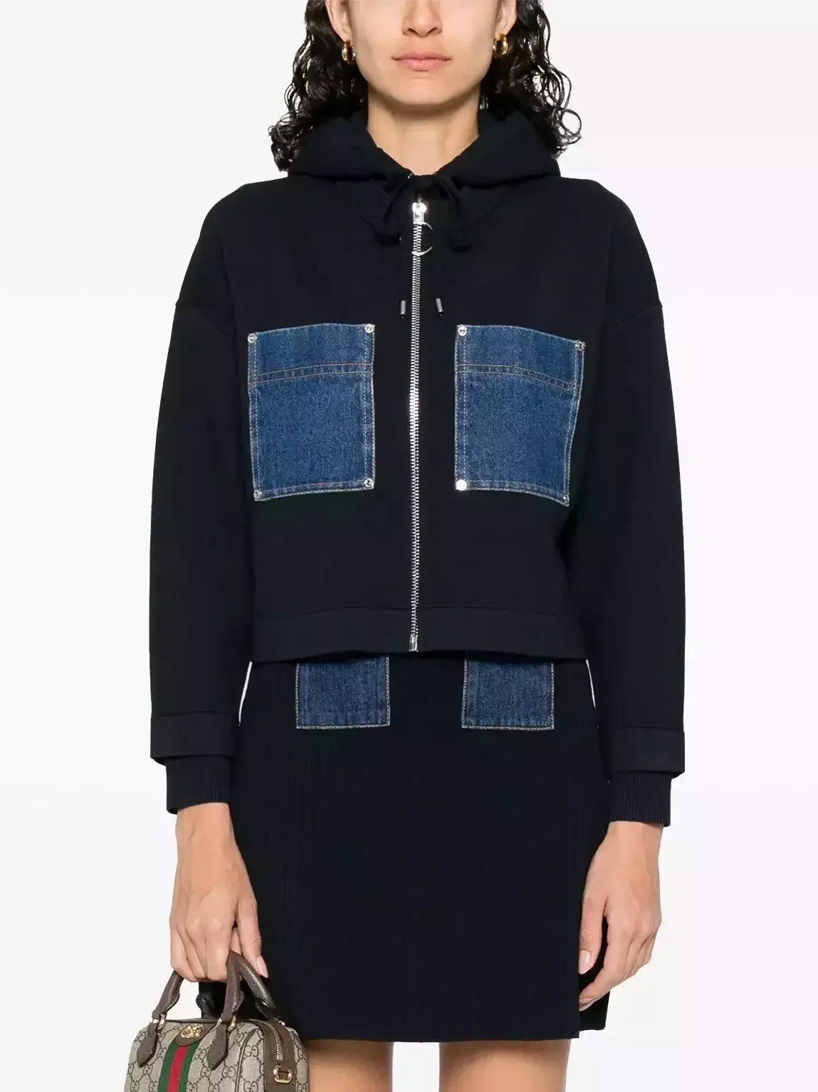 Denim Patch-Pocket Zip Front Hoodie - Tops