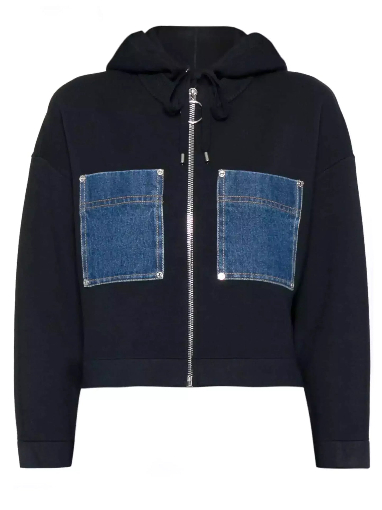 Denim Patch-Pocket Zip Front Hoodie - Tops