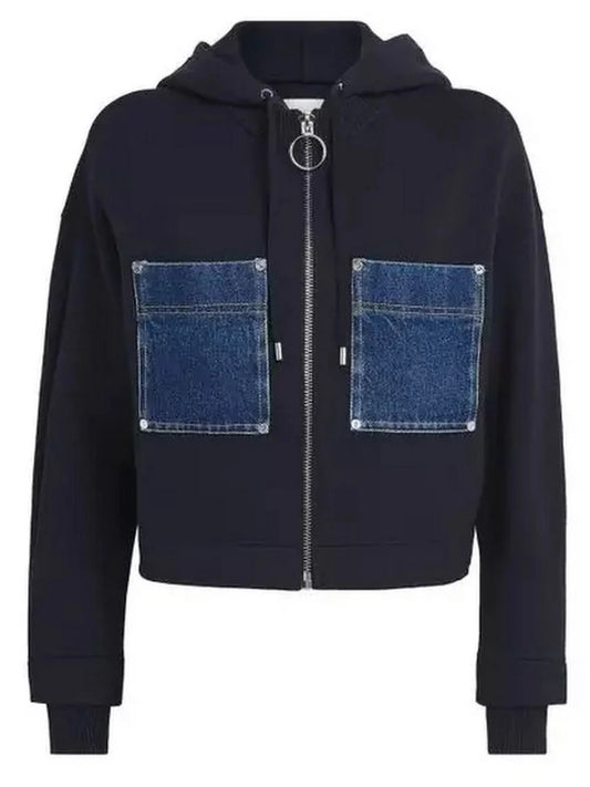 Denim Patch-Pocket Zip Front Hoodie - Tops