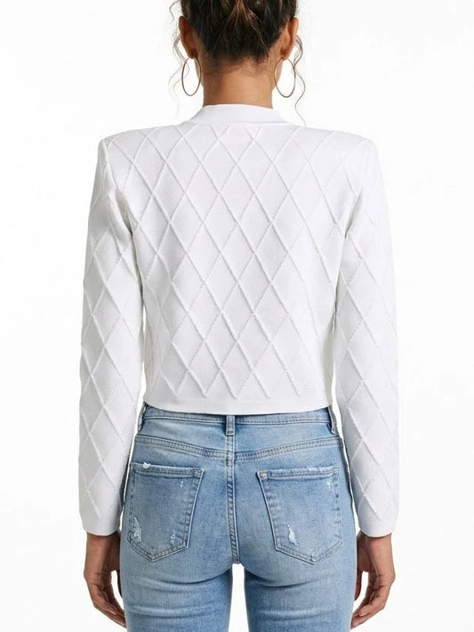 Diamond Knit Cropped Cardigan with Gold Button Front - Sweaters & Knitwear