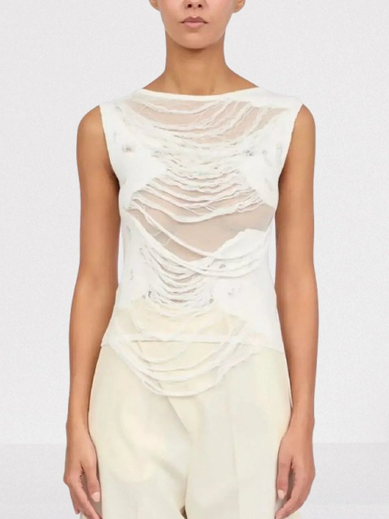 Distressed Sleeveless Top in White - Small - Tops