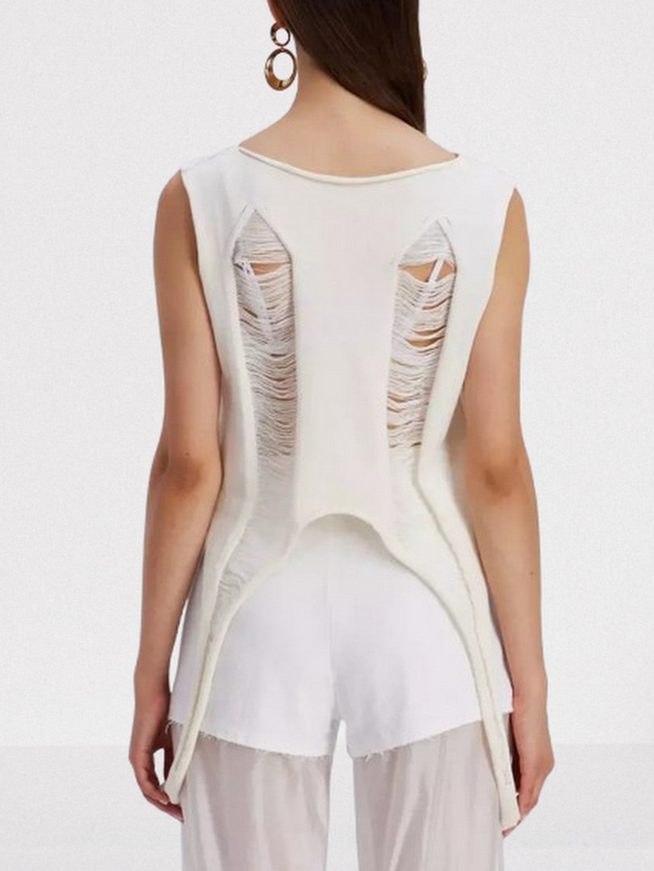 Distressed Shredded Knit Tank Top in White - Tops