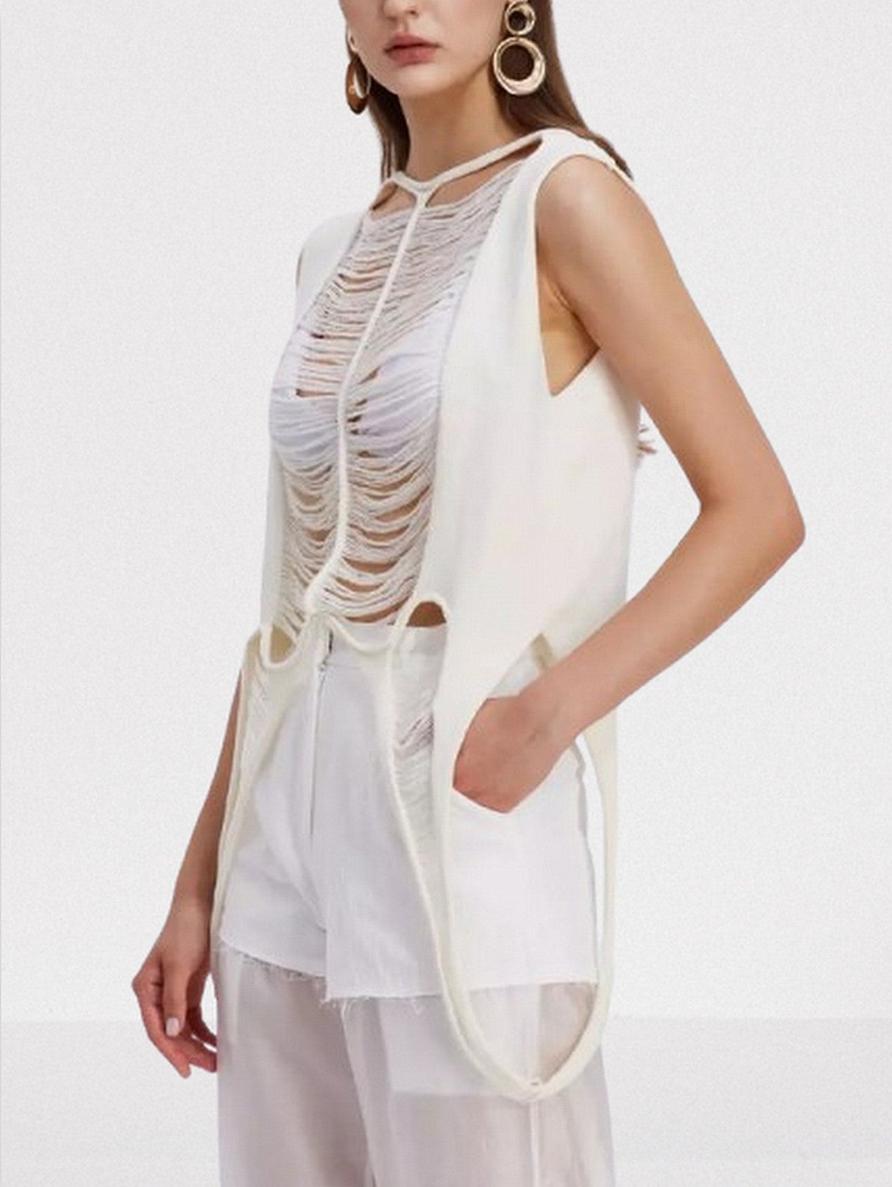 Distressed Shredded Knit Tank Top in White - Tops