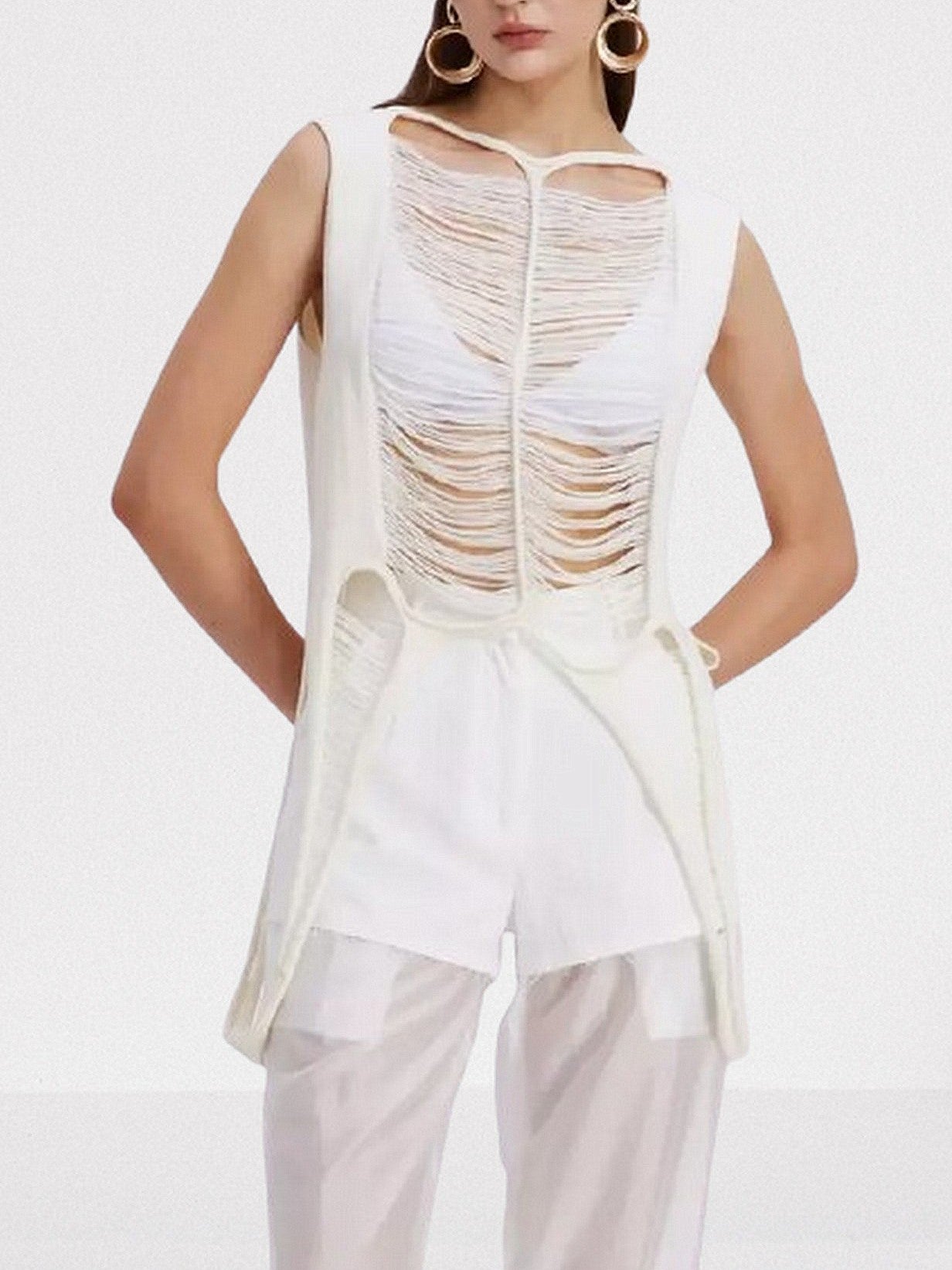 Distressed Shredded Knit Tank Top in White - Tops