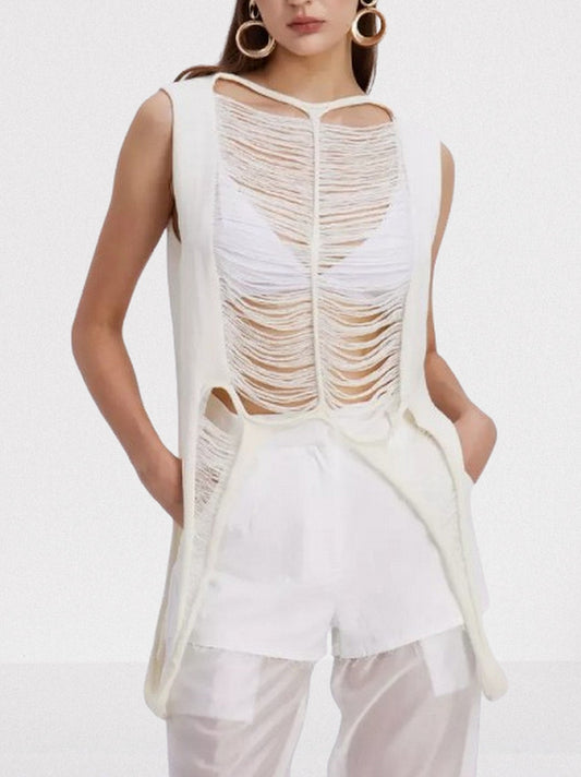 Distressed Shredded Knit Tank Top in White - Tops