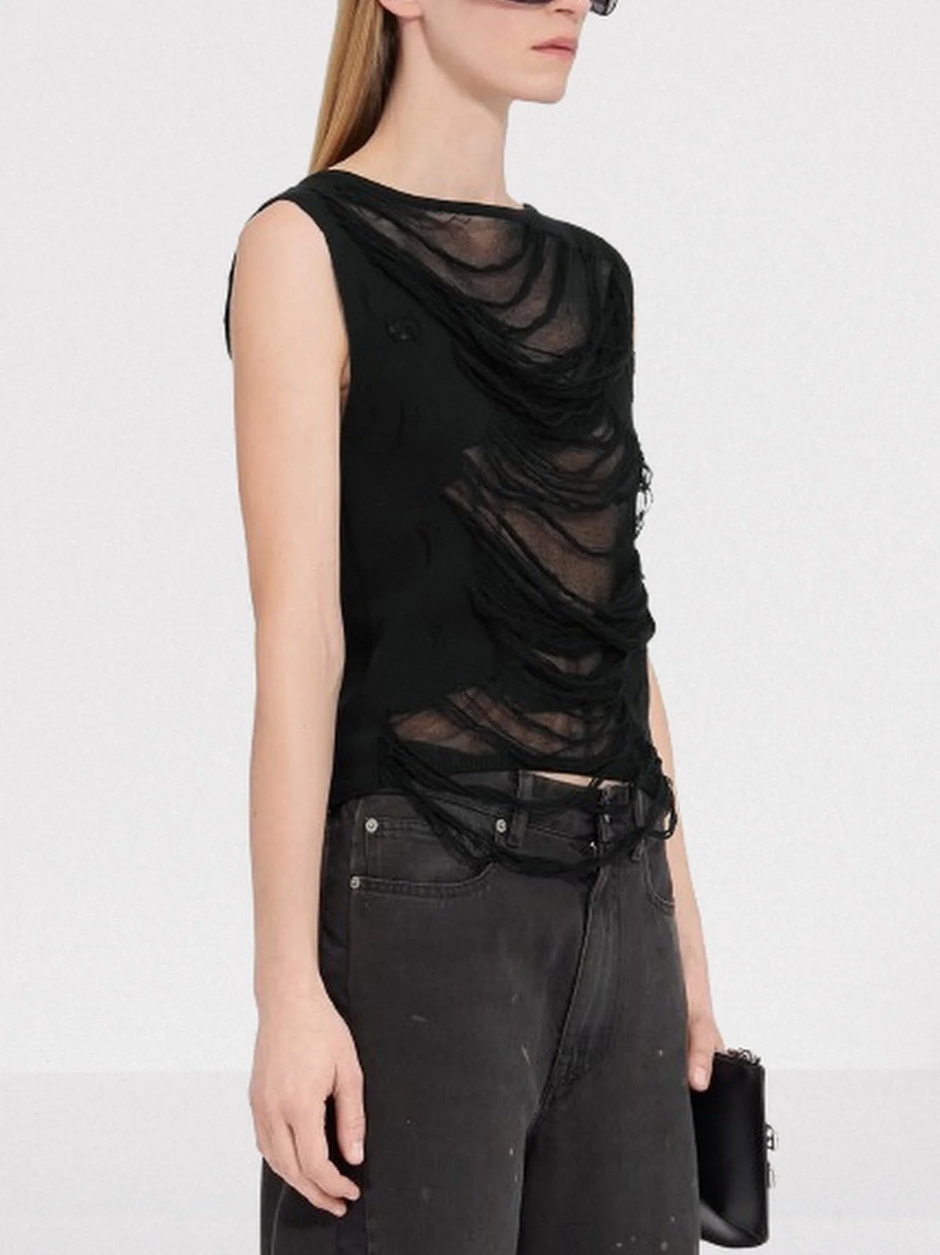 Distressed Sleeveless Top in Black - Tops