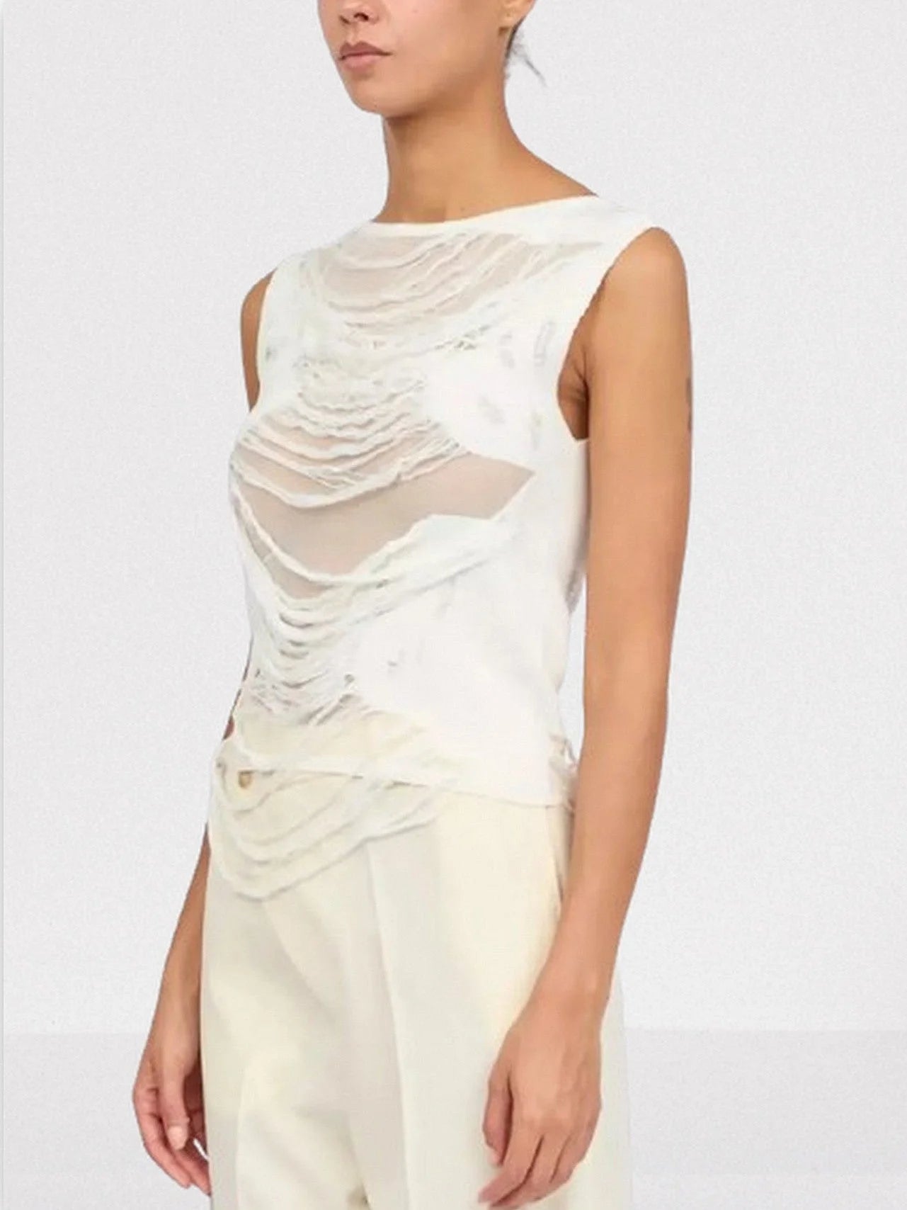 Distressed Sleeveless Top in White - Tops