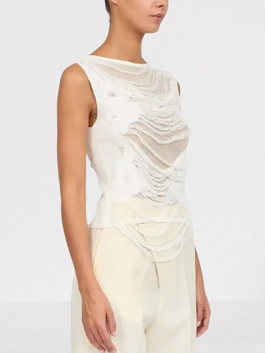 Distressed Sleeveless Top in White - Tops
