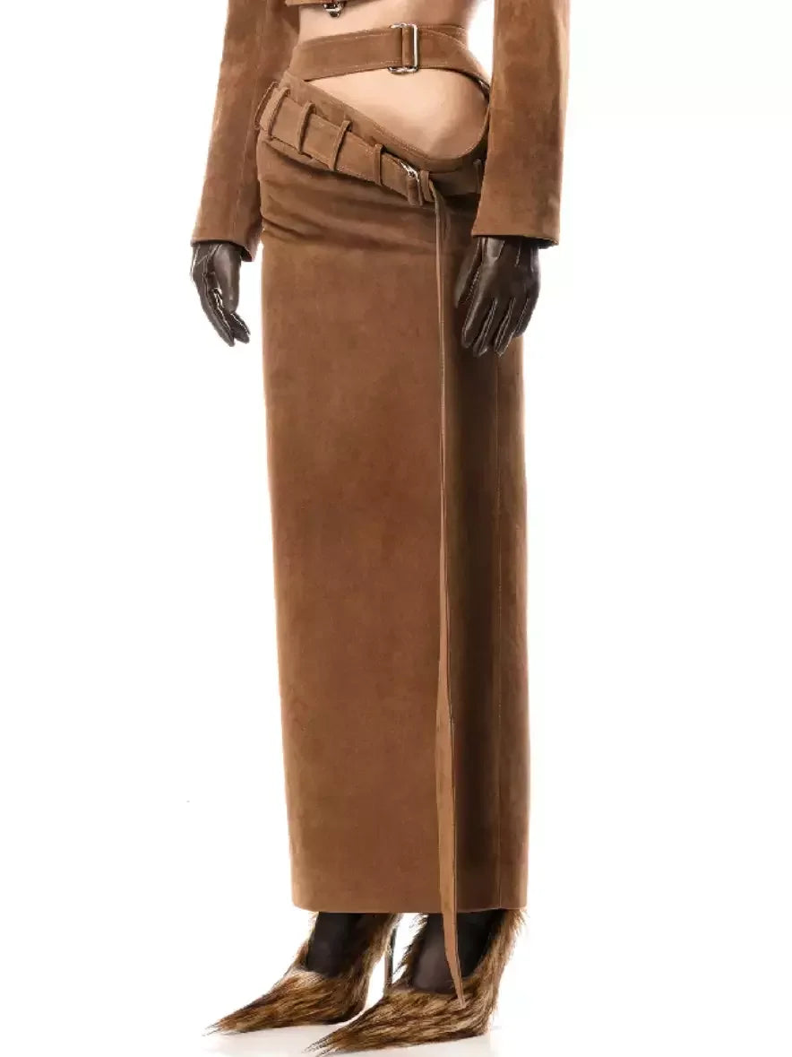 Double Belted Draped Waist Brown Maxi Suede Skirt Skirts