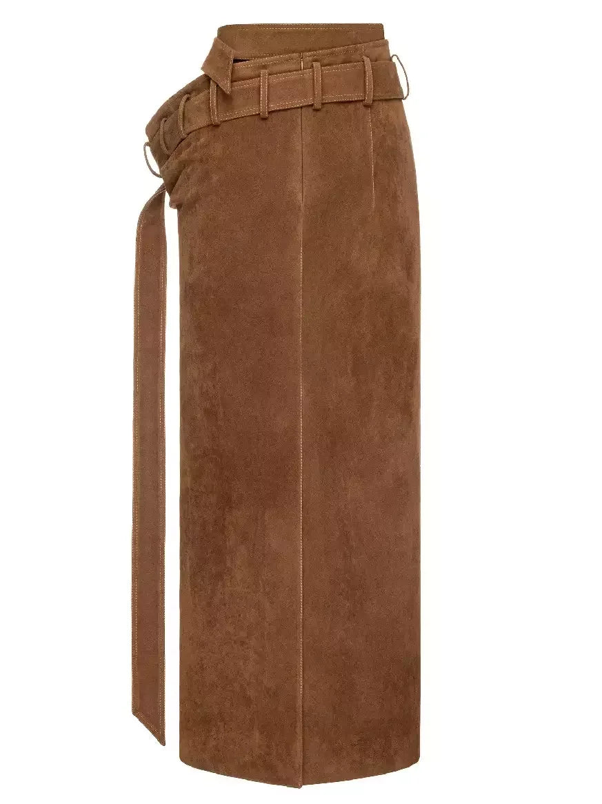Double Belted Draped Waist Brown Maxi Suede Skirt Skirts