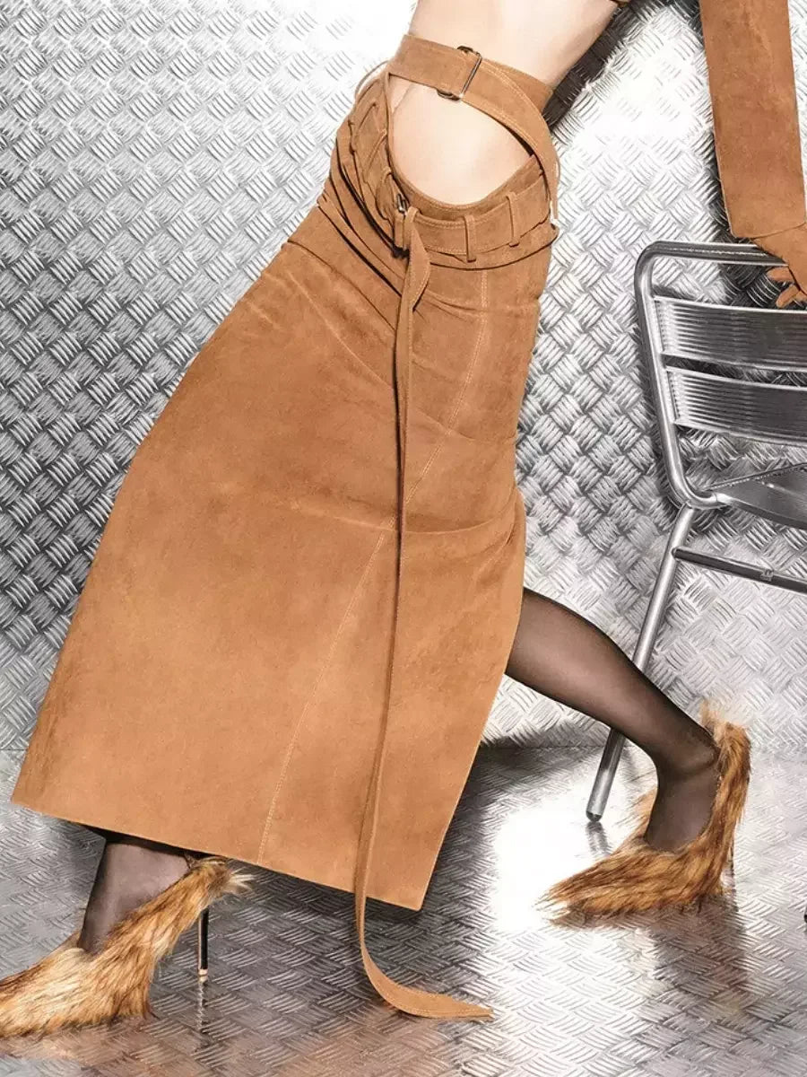 Double Belted Draped Waist Brown Maxi Suede Skirt Skirts