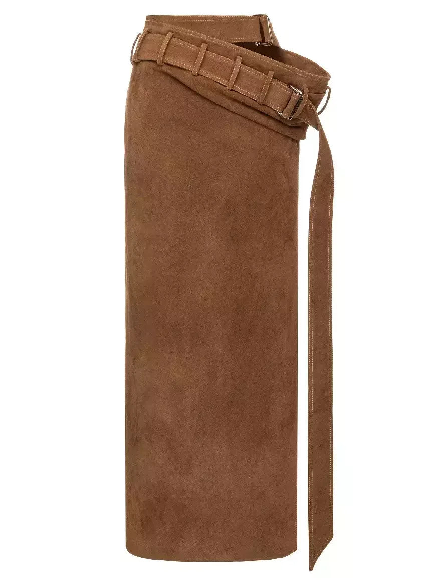 Double Belted Draped Waist Brown Maxi Suede Skirt Skirts