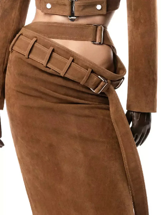 Double Belted Draped Waist Brown Maxi Suede Skirt Skirts