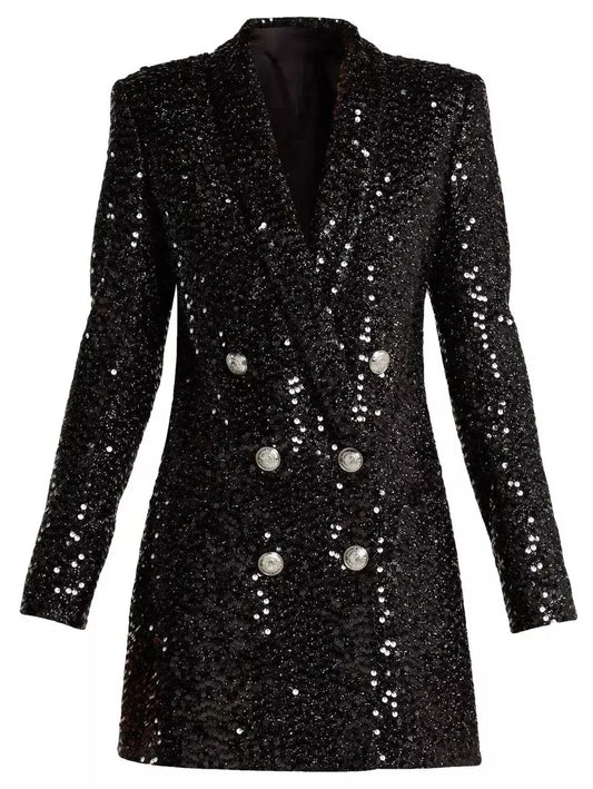 Double-Breasted Long Sequin Blazer in Black