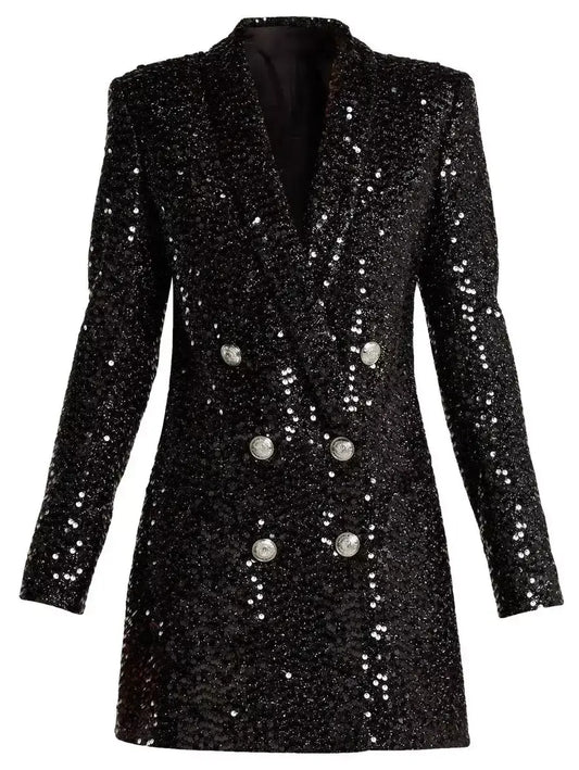 Double-Breasted Long Sequin Blazer in Black - Jackets