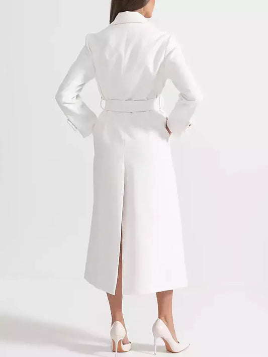 Double-Breasted Long White Wool-Blend Coat - Coats