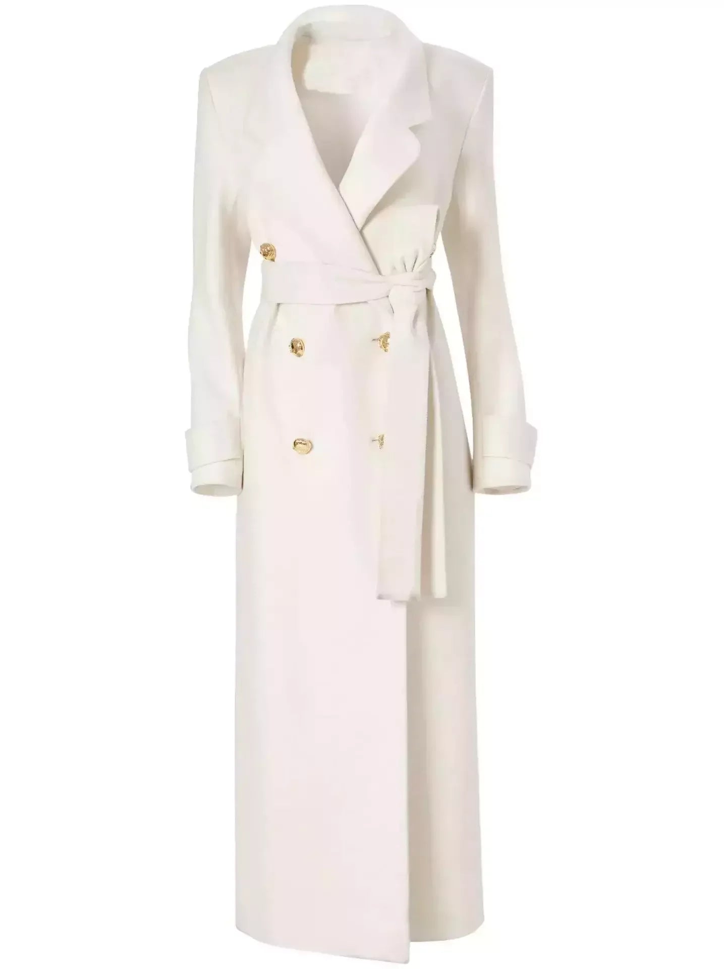 Double-Breasted Long White Wool-Blend Coat - Coats