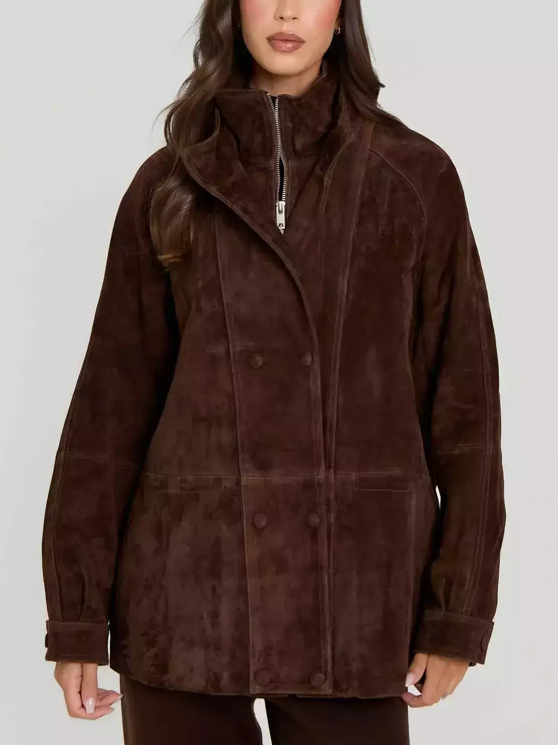 Double-Collar Suede Jacket with Drawstring Waist - Jackets