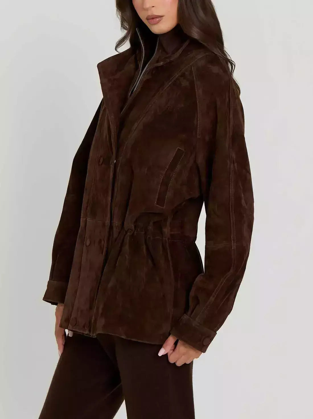 Double-Collar Suede Jacket with Drawstring Waist - Jackets