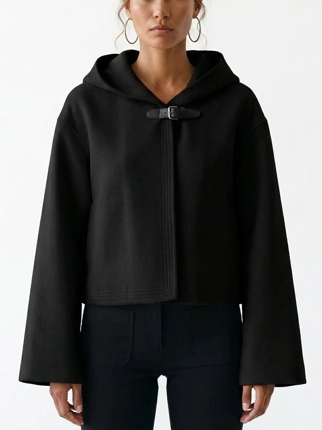 Double-Faced Wool Cashmere Hooded Jacket with Leather Strap - Small / Black - Jackets