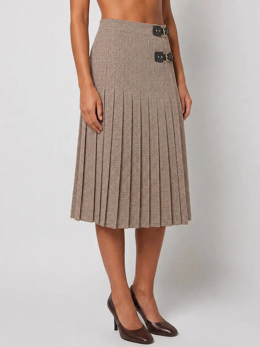 Double Buckle Pleated Check Midi Skirt - Skirts