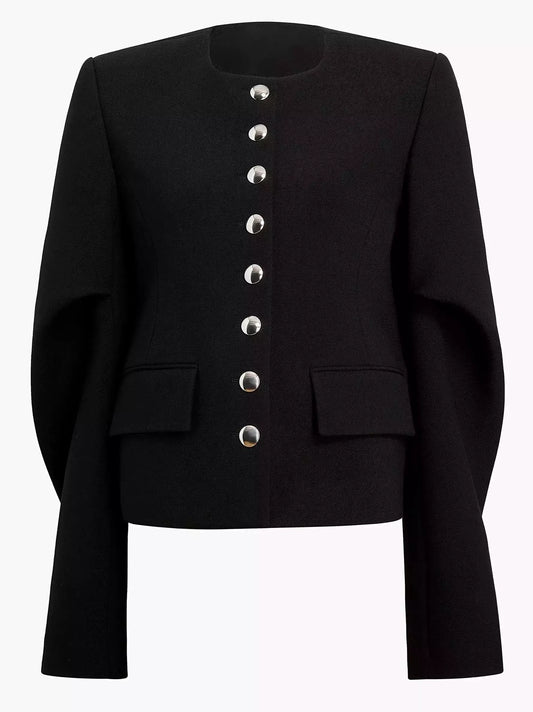 Draped-Sleeve Chrome-Button-Front Black Jacket - Jackets