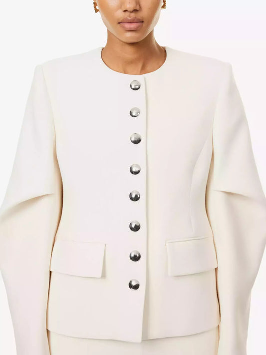 Draped-Sleeve Chrome-Button-Front Jacket in Ivory - Jackets