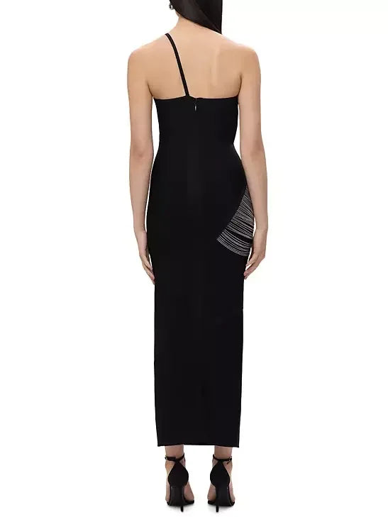 Draped Chain One-Shoulder Black Dress - Dresses
