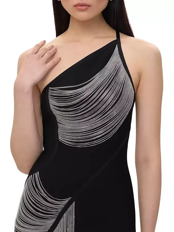 Draped Chain One-Shoulder Black Dress - Dresses