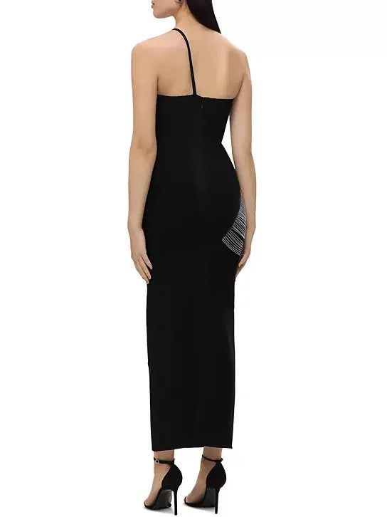 Draped Chain One-Shoulder Black Dress - Dresses